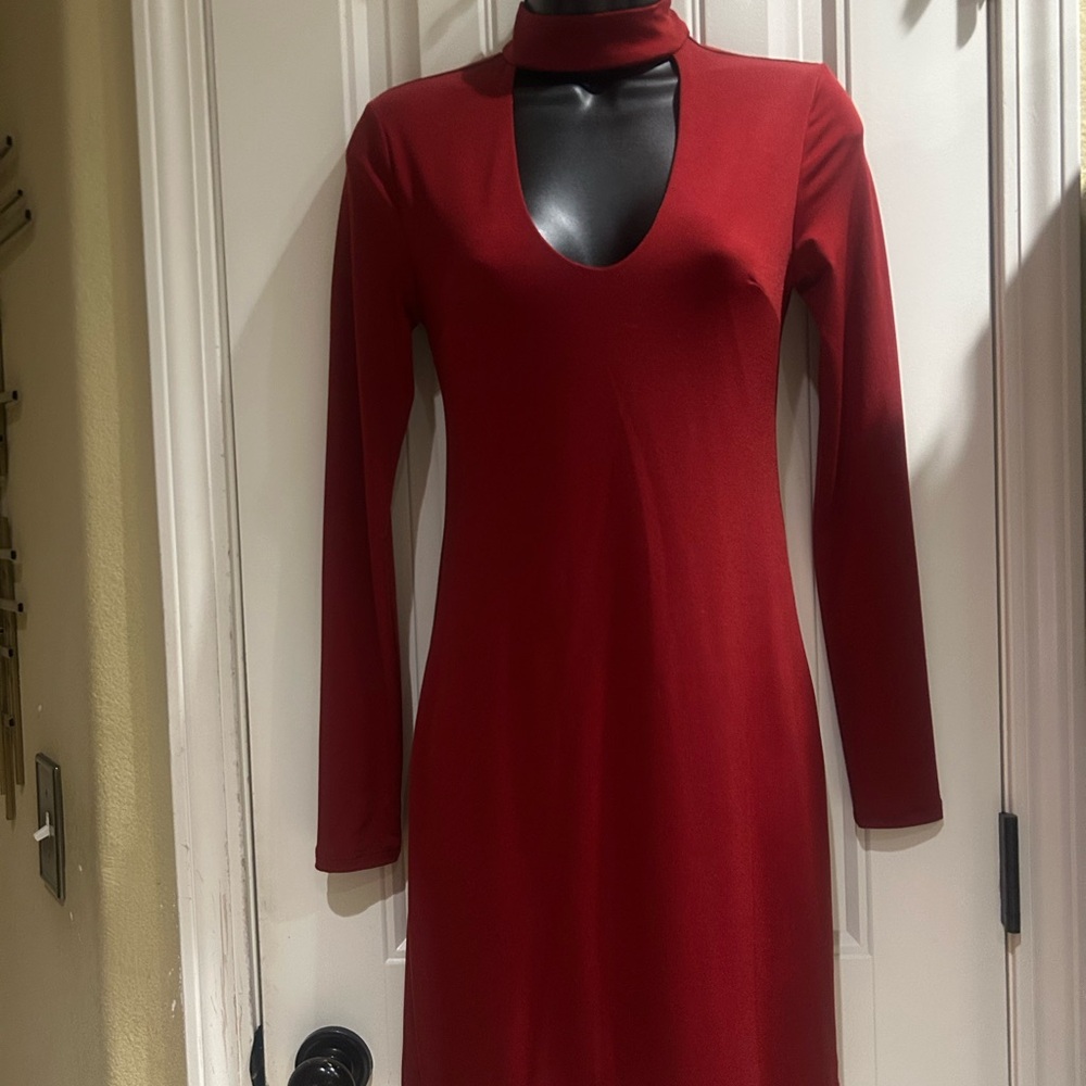 Express Red Choker Long Sleeve Dress